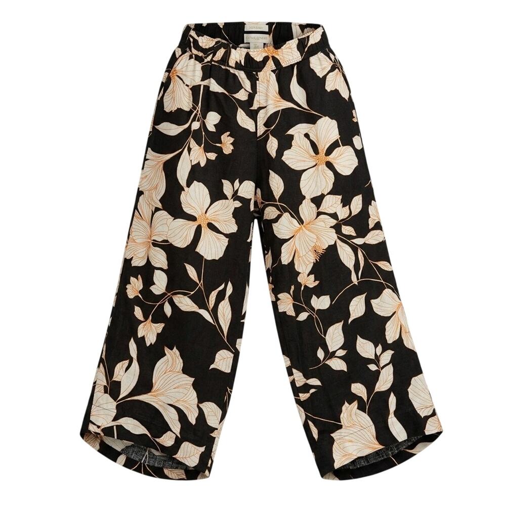 Cynthia Rowley 100% Linen Floral Wide Leg Crop Pants Black White Coastal M